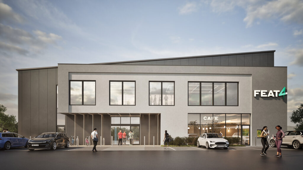 Architectural rendering of the FEAT4 padel venue in Belfast on Boucher Road