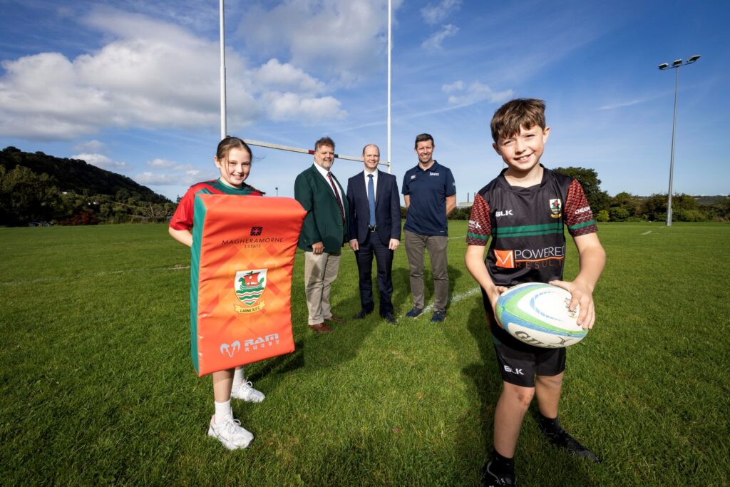 Sports funding announcement at Larne Rugby Football Club with Gordon Lyons and Sport NI representatives