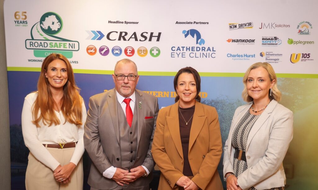 Northern Ireland Road Safety Awards 2026 launch with Liz Kimmins and award sponsors.
