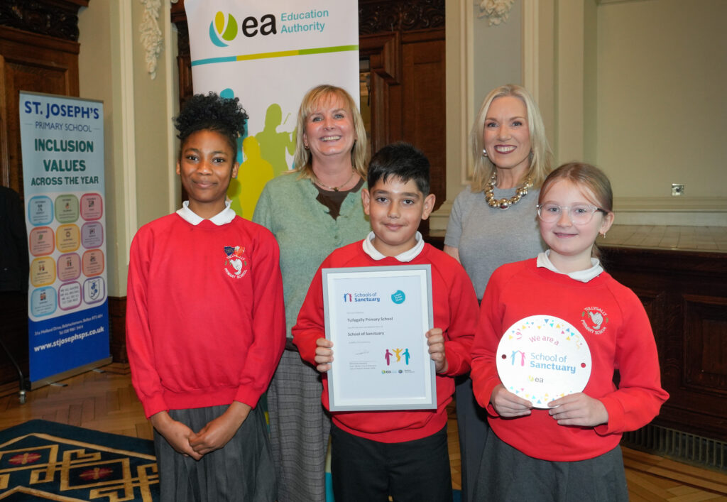 Eve Bremnar presenting Tullygally Primary School with its award