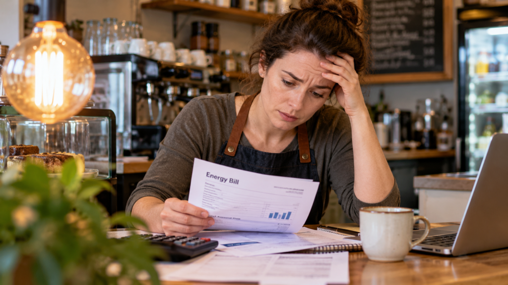 Small business owner reviewing an energy bill amid rising operating costs