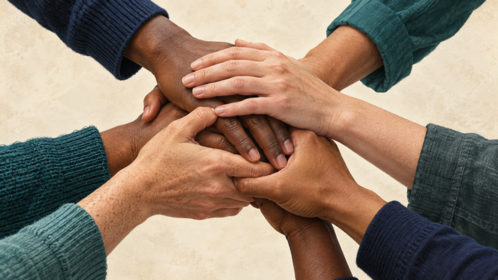 Hands of people with different skin tones joined together to symbolise solidarity and hate crime support