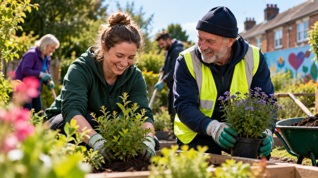 Community volunteers working together in a garden, illustrating Northern Ireland's £1.8m community funding programme