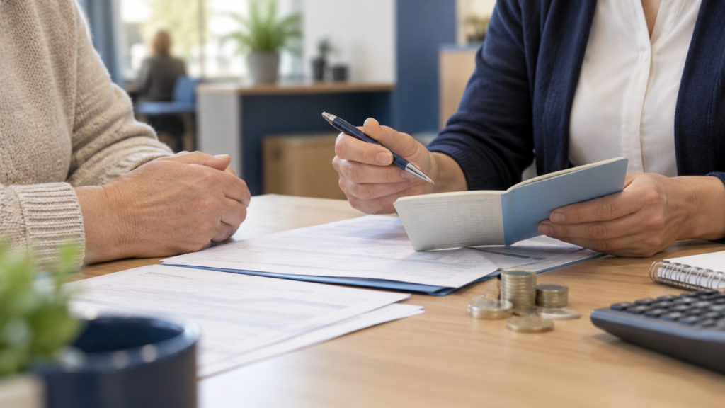 Customer and staff member discussing a savings passbook at a desk with paperwork, coins and a calculator