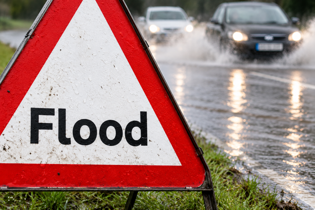 Flood warning sign beside a waterlogged road as cars drive through standing water