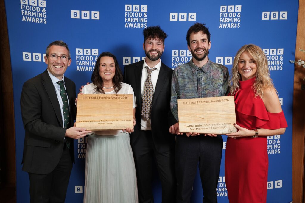 Andrew Muir with Bronagh O'Kane, Sean McDermott and Rory Blight at the BBC Food and Farming Awards 2026 in Belfast.
