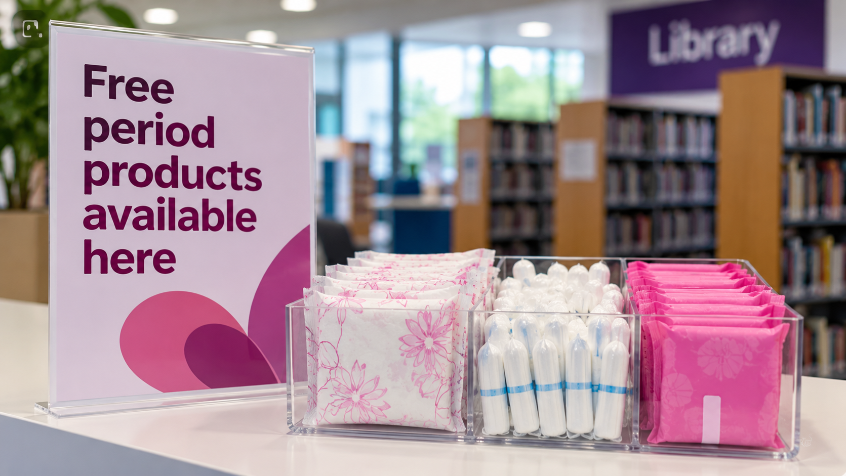Free period products Northern Ireland scheme illustrated by sanitary pads and tampons displayed at a public library