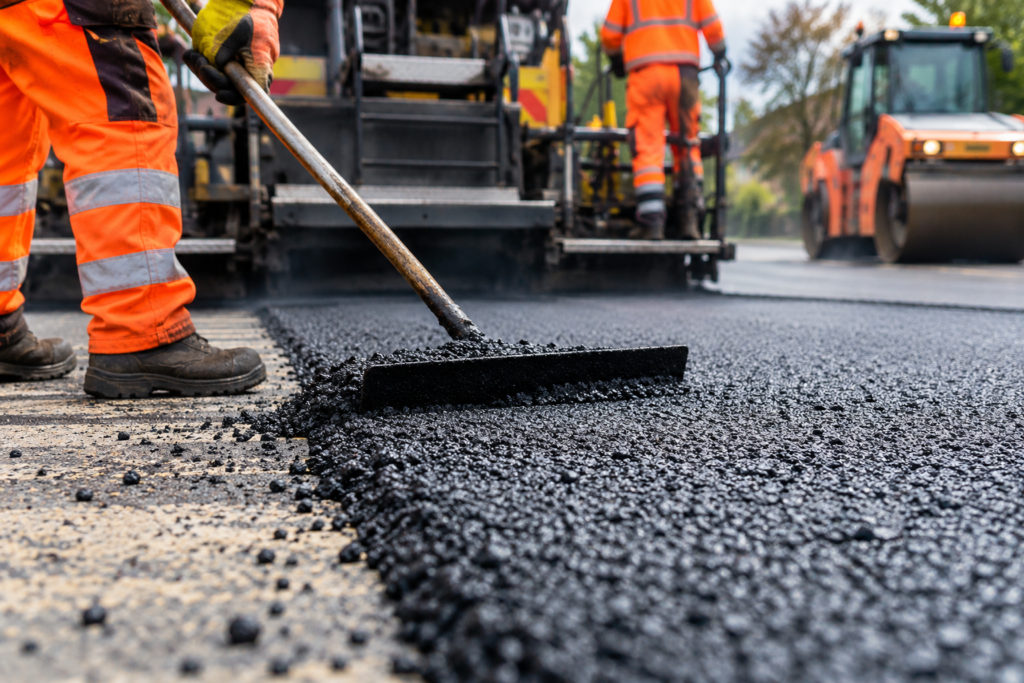 Illustrative image of Belsize Road resurfacing works showing fresh asphalt being laid using road construction machinery.