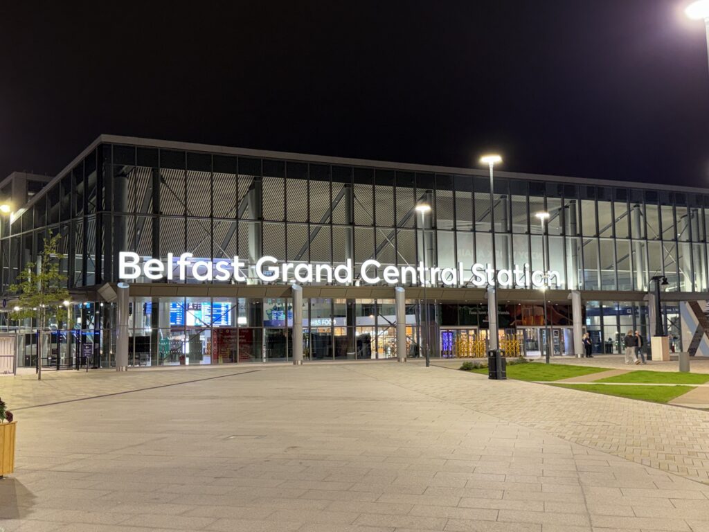 Belfast Grand Central Station exterior at night – location of reported racially motivated assault