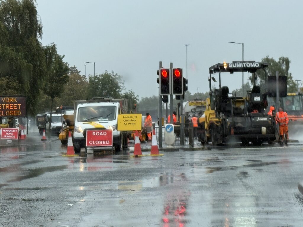 Roadworks illustration accompanying announcement of overnight closures on York Street and Dock Street in Belfast