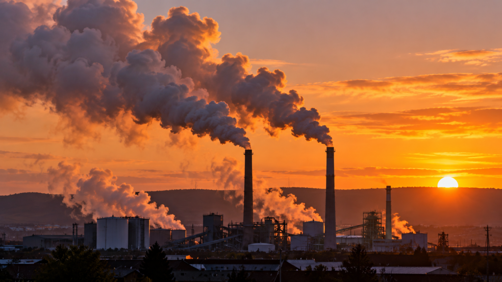 Northern Ireland carbon footprint illustrated by industrial chimneys releasing emissions into the atmosphere