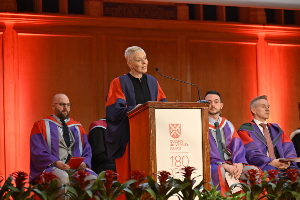 Professor Margaret Topping speaking at the Queen's youth academy graduation ceremony