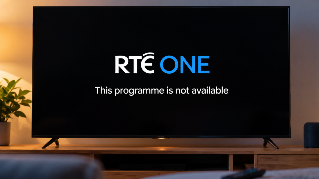 RTÉ One geo-blocking in Northern Ireland illustrated by a television displaying the message This programme is not available