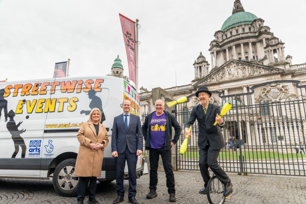 Communities Minister Gordon Lyons with Arts Council and Streetwise Community Circus representatives announcing new Northern Ireland arts funding