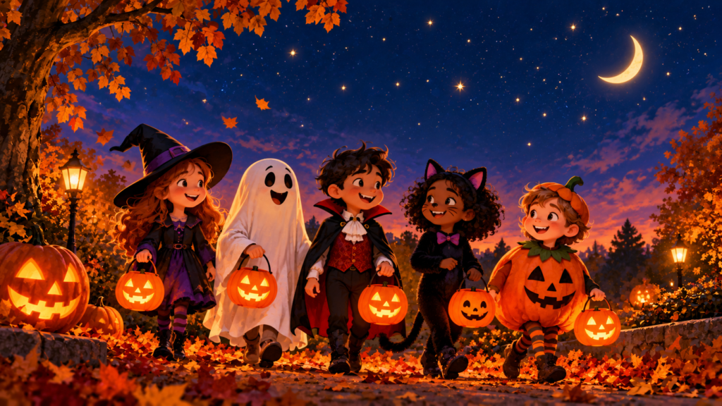 Children in Halloween costumes carrying pumpkins beneath a starry night sky