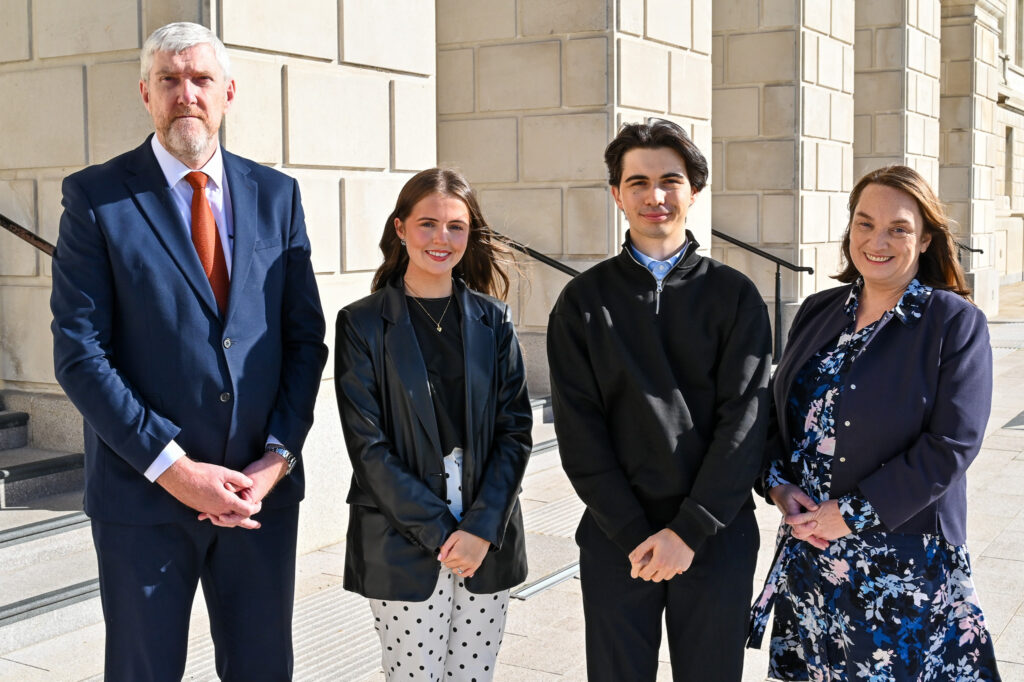 John O’Dowd with students Erin Bradley and Sean McClure and Emer Morelli at the Civil Service student placements launch