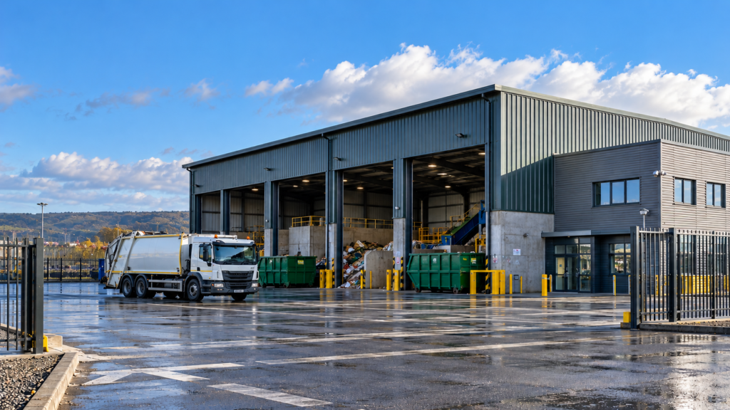 Illustrative image of a modern waste transfer facility with a refuse collection lorry, industrial building and waste containers