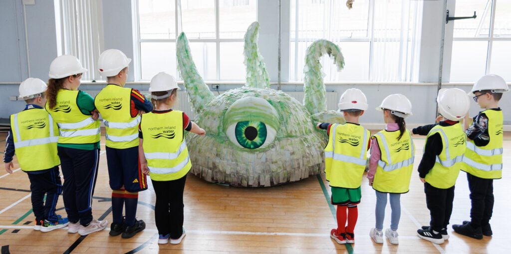 NI Water sewer monster Wipezilla meets St Patrick's Primary School pupils in Newry to teach the 3 Ps ahead of Halloween