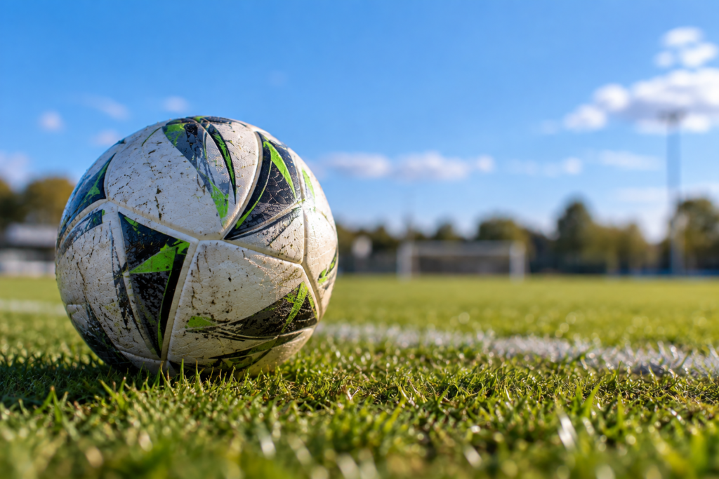 Close-up of a football on an amateur league grass pitch with a blurred goal and blue sky in the background.