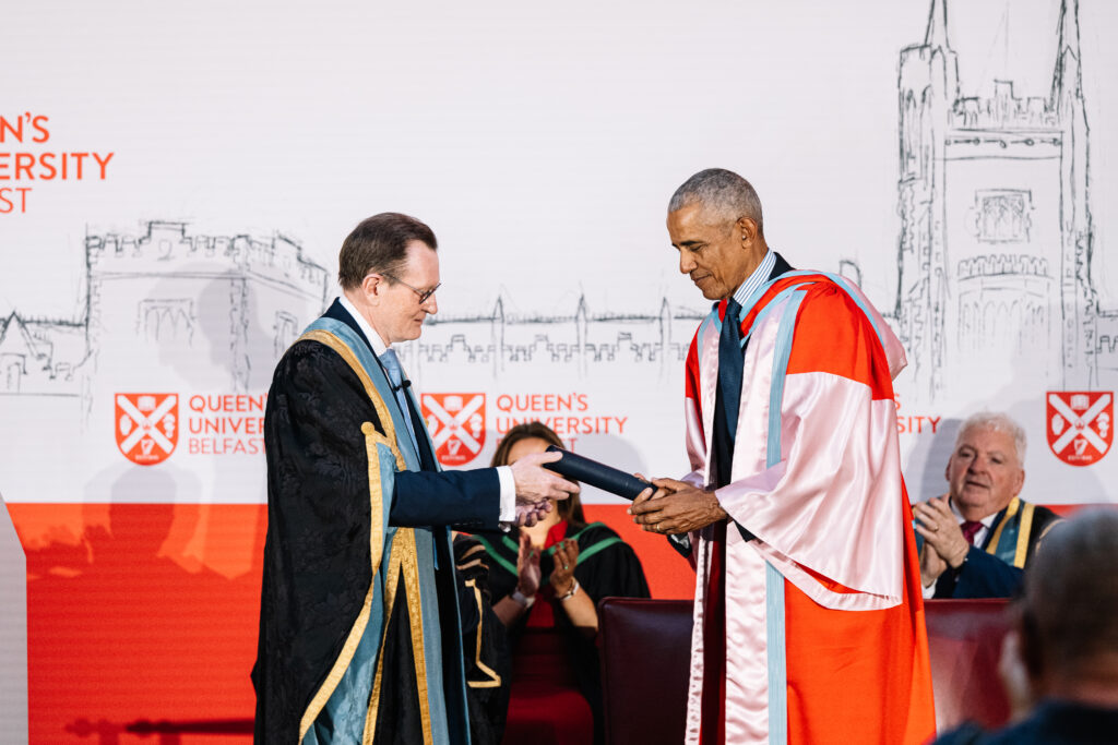 Barack Obama receives an honorary doctorate from Queen's University Belfast during a ceremony on 13 October 2026.
