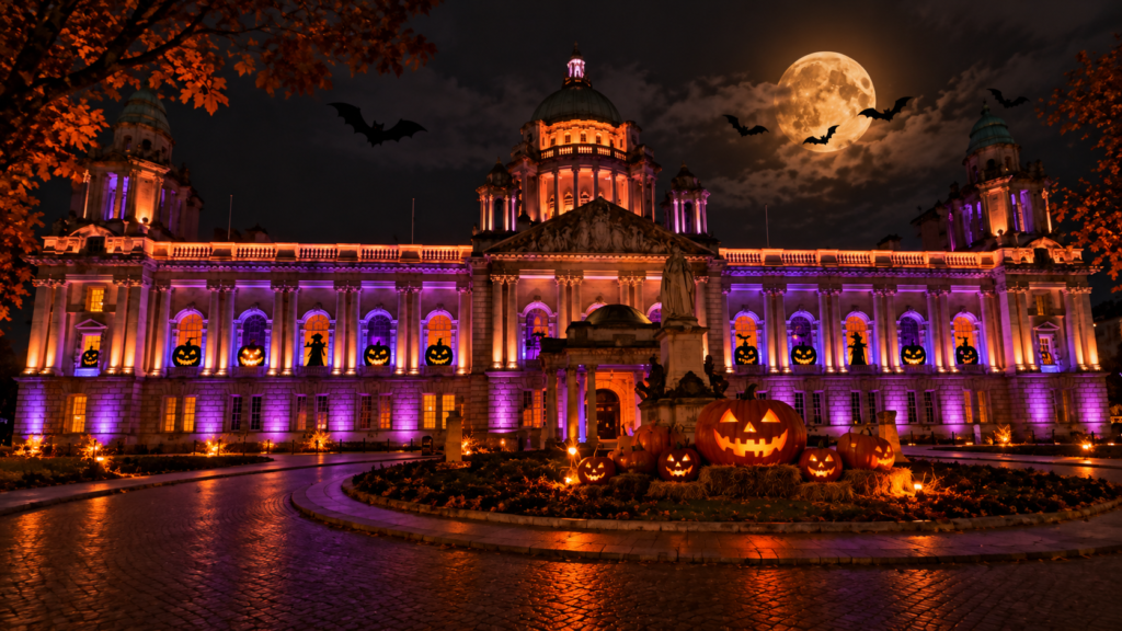 Halloween-themed illustration of Belfast City Hall with illuminated pumpkins and autumn decorations.