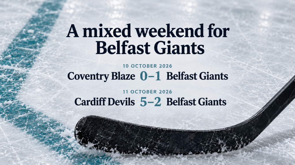 Belfast Giants results graphic showing a 1–0 win at Coventry Blaze and a 5–2 defeat at Cardiff Devils over an illustrative ice hockey rink background.