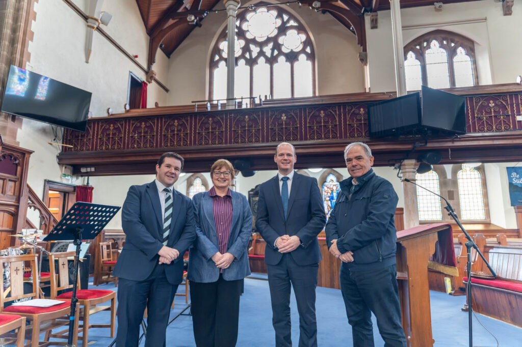 Gordon Lyons with Reverend Andrew Boreland, Rebecca Foster and Kirk Shilliday at Bloomfield Presbyterian Church