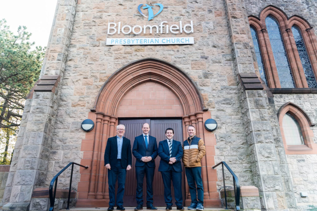Gordon Lyons with Andrew Shott, Reverend Andrew Boreland and Kerry Rooney at Bloomfield Presbyterian Church