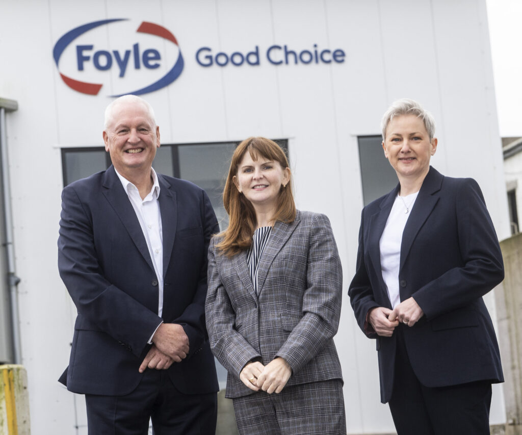 Terry Acheson, Caoimhe Archibald and Gráinne Moody at the announcement of the £15m Foyle Food Group investment in Omagh