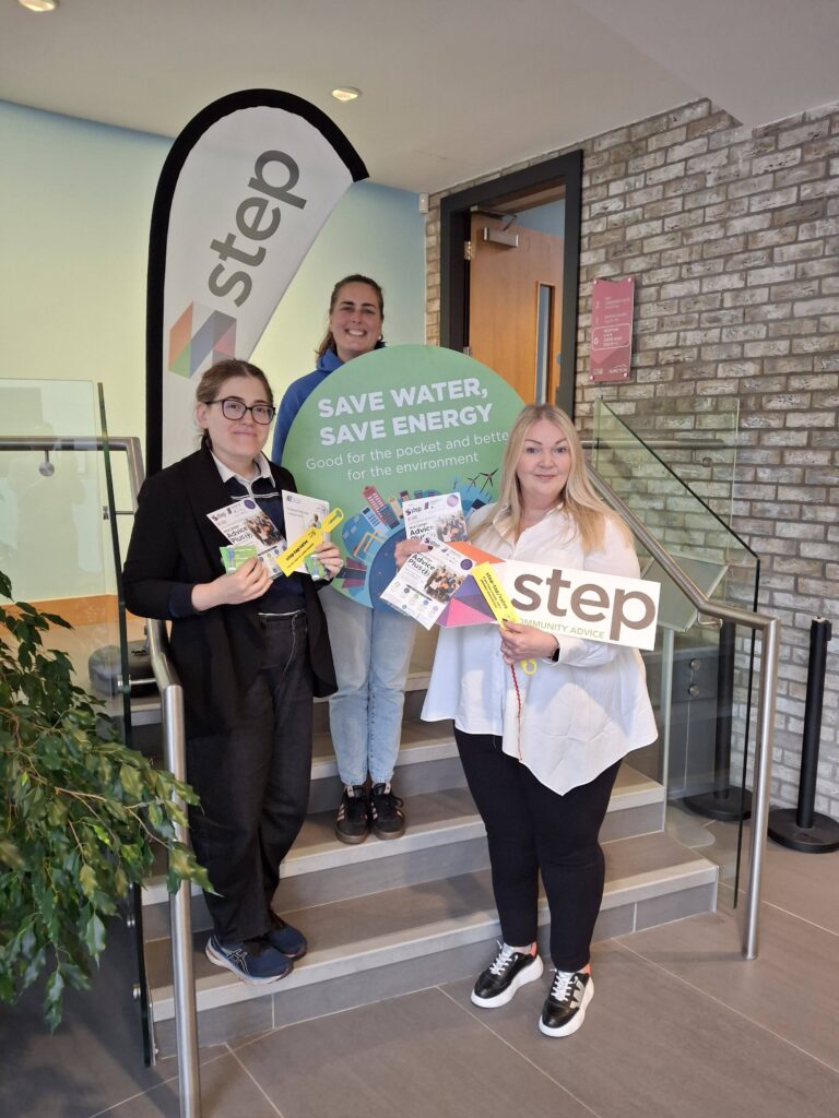 NI Water Education Officer Anna Killen with Step NI representatives Jena Hershkowitz and Nuala Montague discussing household water and energy savings