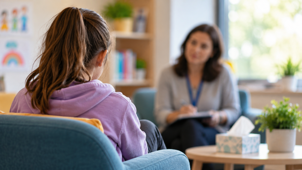 Young girl speaking with a mental health professional in a counselling room, illustrating CAMHS waiting times in Northern Ireland