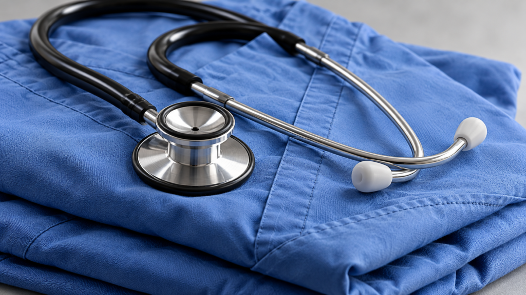 Stethoscope resting on folded blue medical scrubs