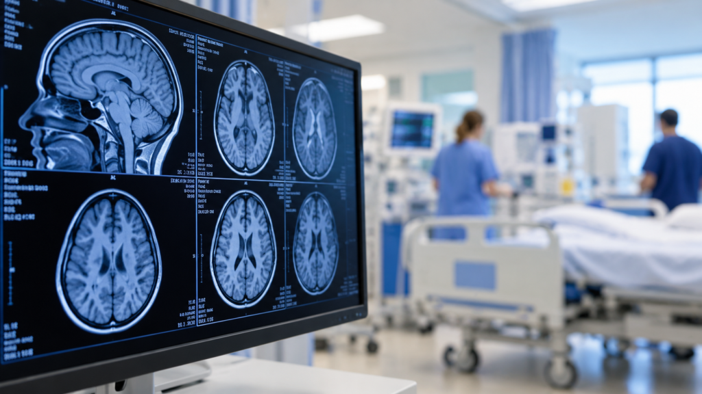Brain MRI scans displayed in a hospital illustrating Northern Ireland neurology funding and services