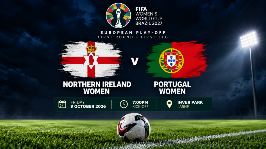 Northern Ireland Women v Portugal Women World Cup play-off graphic showing national flags, football and match details for 9 October 2026