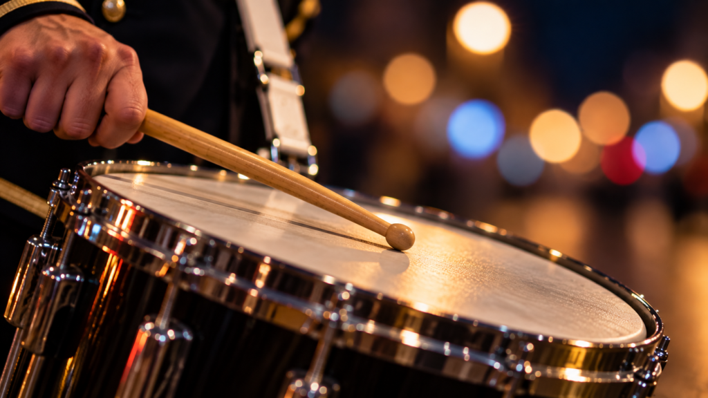Close-up of a drumstick striking a marching drum at night, illustrating a PSNI investigation into an unnotified procession