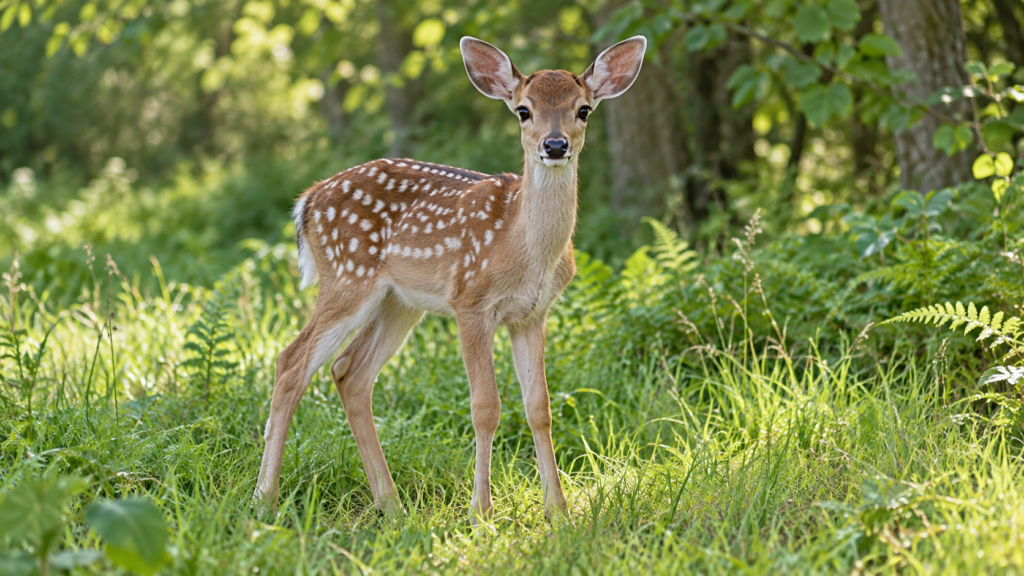 AI-generated illustration of a spotted fawn standing in grass beside woodland, accompanying the Queen’s deer study.