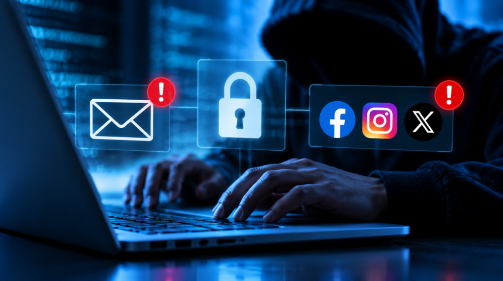 Social media and email hacking illustrated by a laptop, email and online account security warnings
