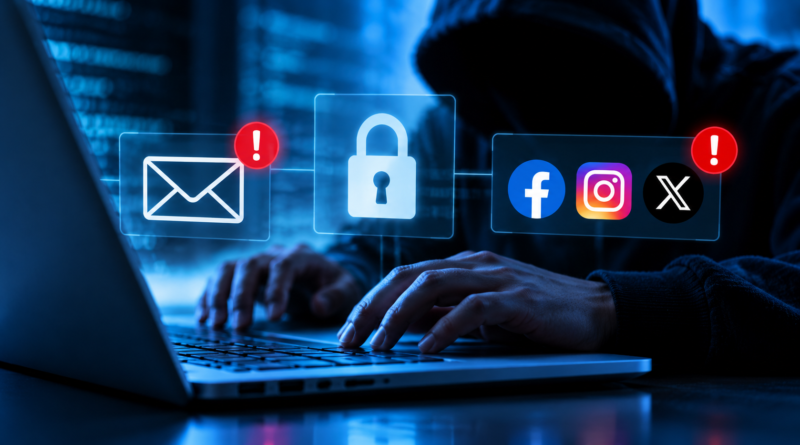 Social media and email hacking illustrated by a laptop, email and online account security warnings